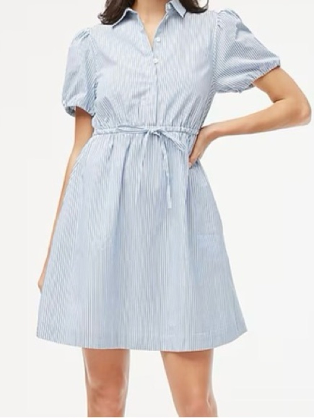 J. Crew Blue and White Striped Puff-Sleeve Mini Shirtdress | Size 8